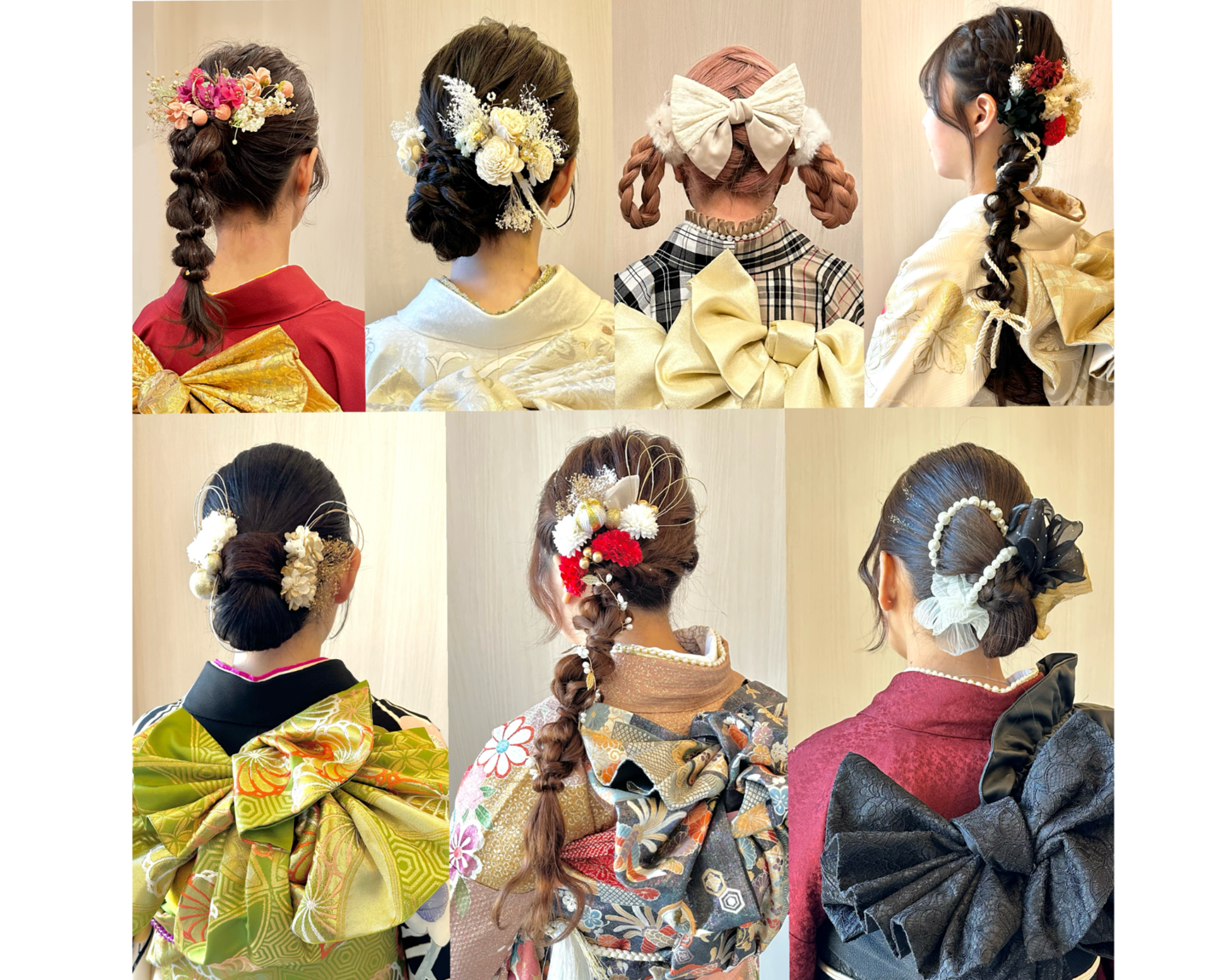 ピンクの着物を着た若い女性の正面と後ろ姿